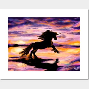 Black Unicorn at Sunset Beach Posters and Art